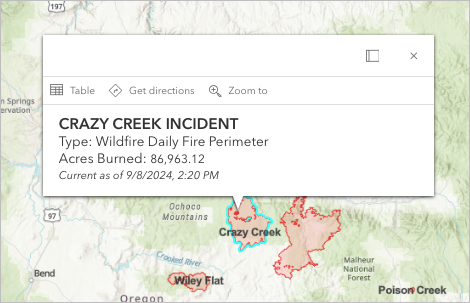 Elemento emergente del Incidente Crazy Creek, incluido el texto "Acres quemados: 86.963,12"