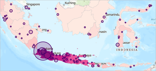 Detalle del mapa con símbolos de círculo transparentes