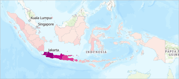 Mapa de coropletas de las provincias de Indonesia en rosa