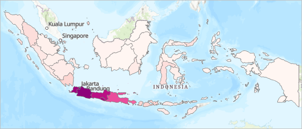 Mapa de coropletas de las provincias de Indonesia en rosa