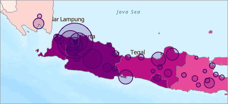 Detalle del mapa con símbolos de círculo transparentes