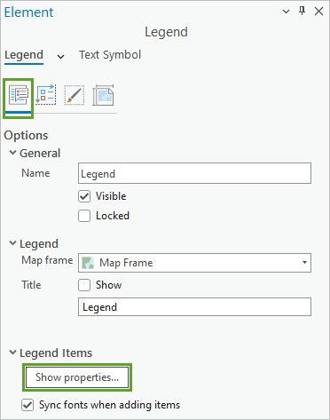 Botón Mostrar propiedades en el panel Formatear leyenda