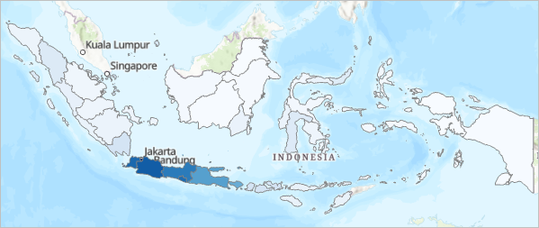 Mapa de coropletas de las provincias de Indonesia en azul