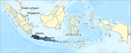 Mapa de coropletas de las provincias de Indonesia en azul