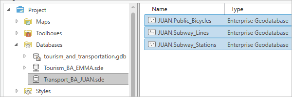 Las tres clases de entidad seleccionadas