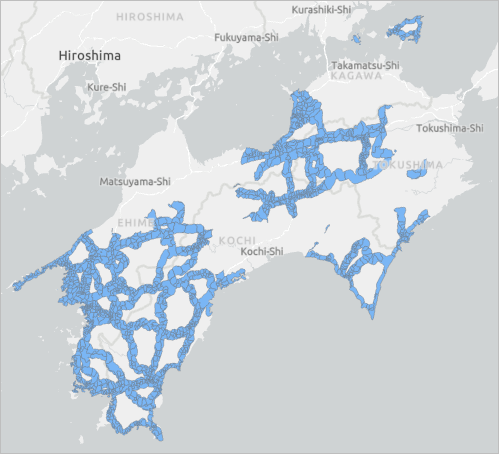 Datos de población rural recortados a las zonas de influencia de carreteras en Shikoku