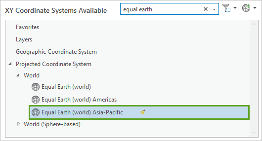 Equal Earth (mundial) Asia-Pacífico en sistemas de coordenadas XY disponibles