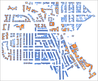 Mapa que muestra las huellas de edificios y la radiación solar