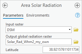 Parámetros de entrada, salida y latitud de la herramienta Radiación solar de áreas