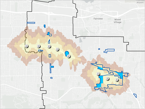 Mapa con la nueva simbología para las áreas de tiempo de recorrido a pie