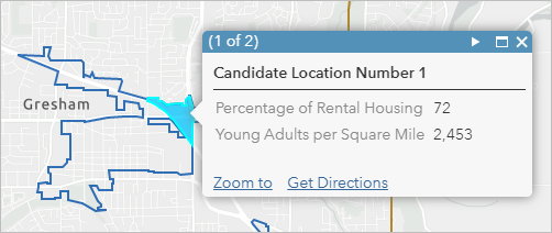 Mapa que muestra la ventana emergente de la ubicación candidata