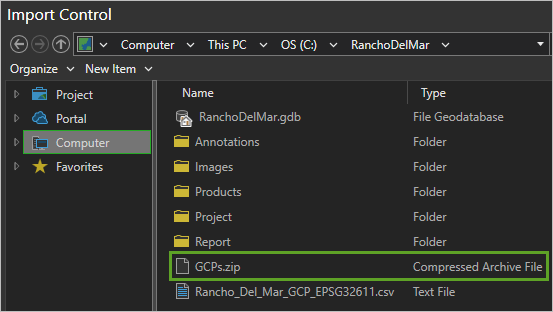 Archivo GCP.zip seleccionado en la ventana Importar control