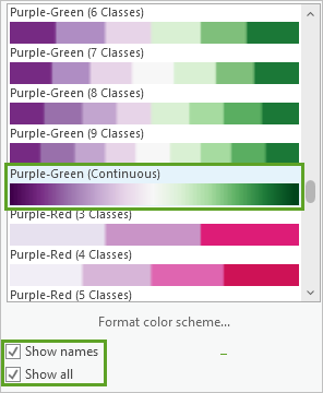 Esquema de color Morado-Verde (continuo) y casillas de verificación Mostrar nombres y Mostrar todo