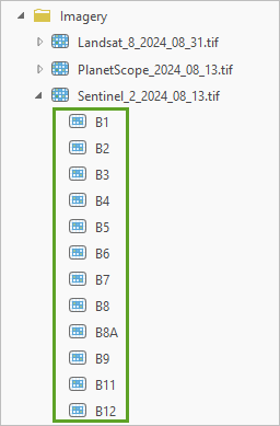 La lista de bandas espectrales contenidas en Sentinel_2_2024_08_13.tif.
