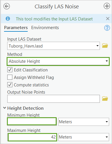 Parámetros de la herramienta Clasificar ruido de LAS con Método establecido en Altura absoluta