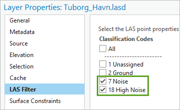 Ruido bajo y Ruido alto activados en Códigos de clasificación en la ventana Propiedades de capa