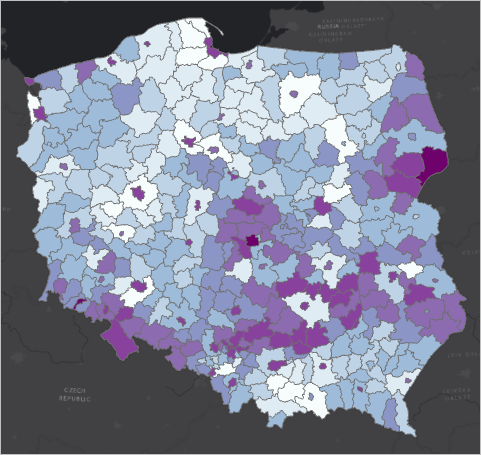 Mapa de Polonia con los powiaty coloreados por porcentaje de personas mayores, sin huecos