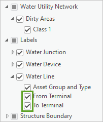 Clases de etiqueta Desde terminal y Hasta terminal activadas en el panel Contenido