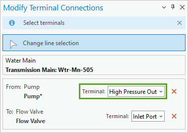 Opción Desde terminal configurada como Alta presión de salida en el panel Modificar conexiones de terminal