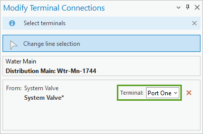 Opción Desde terminal configurada como Puerto uno en el panel Modificar conexiones de terminal