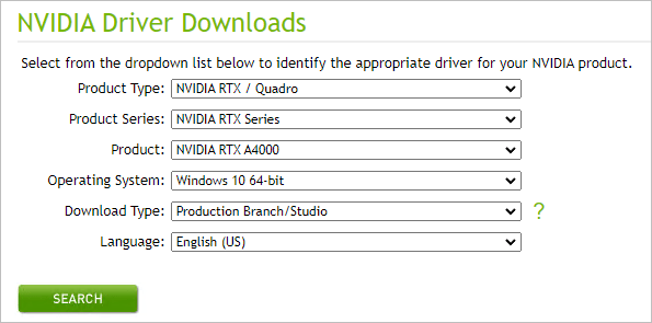 Sección Descargas de controladores de NVIDIA