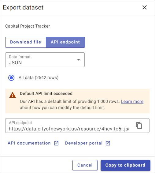 Advertencia que indica que se ha superado el límite predeterminado de la API