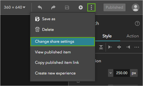 Botón Más y opción Cambiar configuración de uso compartido