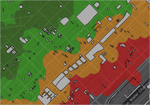 Mapa acercado a las áreas de tiempo caminando