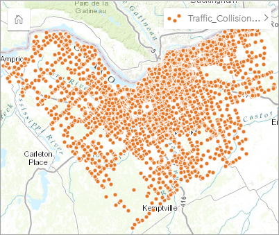Mapa predeterminado que muestra las colisiones de tráfico de Ottawa