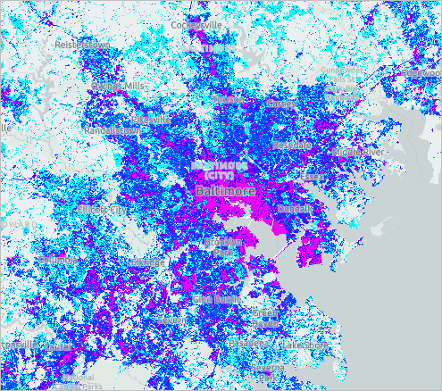 Baltimore y áreas circundantes con el esquema de color de cian a morado
