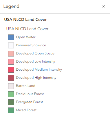 Panel de leyenda que muestra la simbología de la capa USA NLCD Land Cover