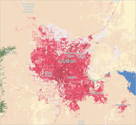 Las Vegas aparece como un área roja en la capa de cobertura de suelo