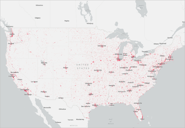 Mapa con todas las áreas urbanas de Estados Unidos