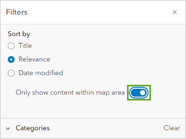 Opción Mostrar solo contenido dentro del área del mapa activada