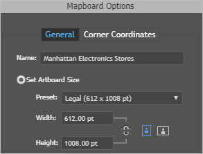 Ventana Opciones de Mapboard con el nombre y el tamaño actualizados