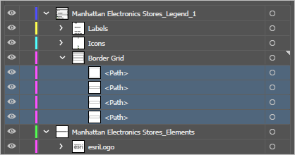 Objetos Border Grid seleccionados en el panel Capas