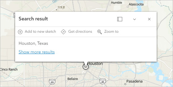 Mapa con zoom aplicado a Houston, Texas, con la ventana emergente Resultado de la búsqueda