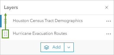 Capa Hurricane Evacuation Routes en el panel Capas con la flecha apuntando a una nueva posición