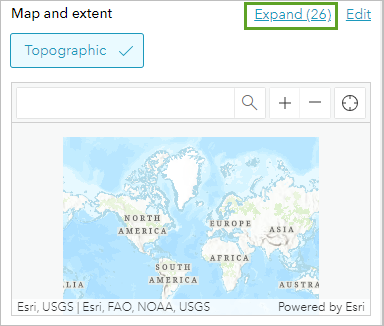 Expandir en la sección Mapa y extensión en el panel Mapa de la pestaña Editar