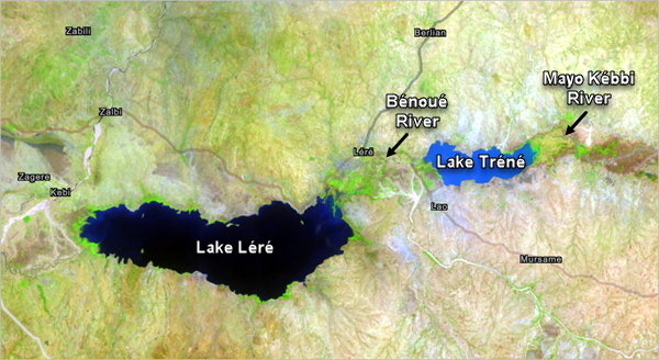 El mapa muestra el lago Léré, el lago Tréné, y los ríos Mayo Kébbi y Bénoué.