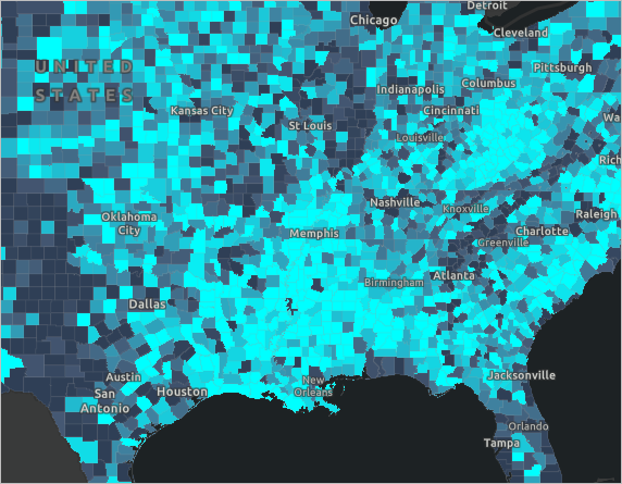 El mapa se actualiza para mostrar los datos de % Adult obesity por Recuentos y cantidades (color)