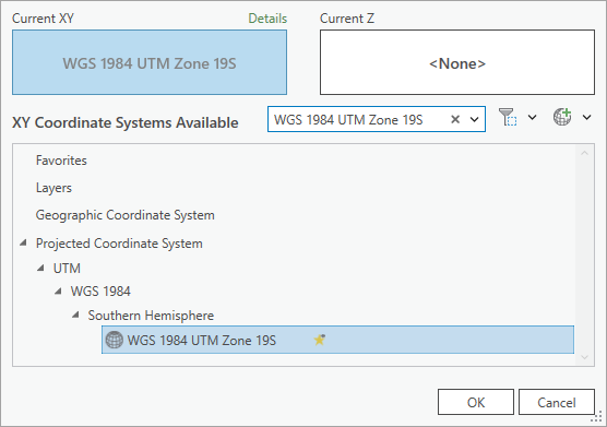 Ventana Sistema de coordenadas con WGS 1984 UTM Zone 19S seleccionado