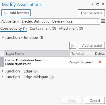 Panel Modificar asociaciones con Elemento activo establecido en Dispositivo de distribución eléctrica - Fusible