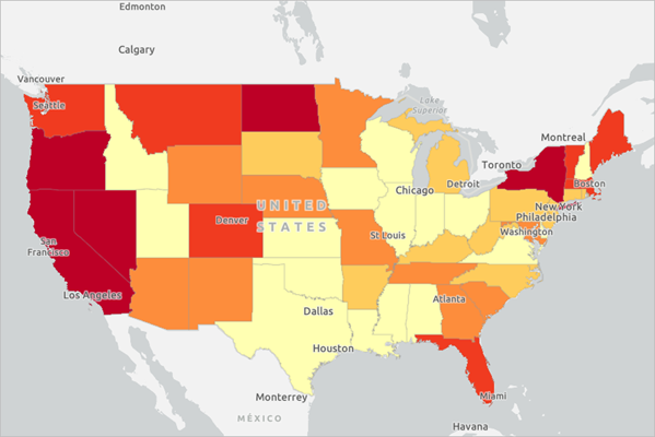 Mapa con esquema de color Rojo a amarillo que muestra Dakota del Norte como rojo oscuro