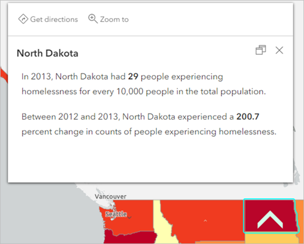 Ventana emergente para Dakota del Norte que describe un cambio del 200,73 por ciento en los recuentos de personas sin hogar