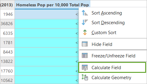 Opción Calcular campo en el menú contextual de la columna Personas sin hogar por cada 10.000 de la tabla de atributos
