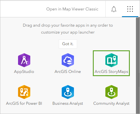 Abrir StoryMaps desde el Selector de aplicaciones.