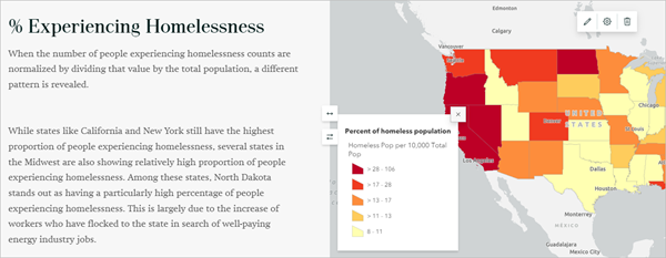 Párrafos narrativos actualizados en la diapositiva que muestran el porcentaje de población sin hogar