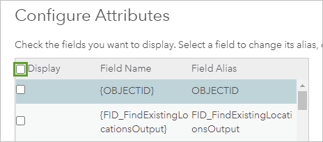 Visualización desactivada en la ventana Configurar atributos