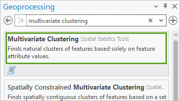 La herramienta Clustering multivariante en los resultados de búsqueda de la herramienta de geoprocesamiento